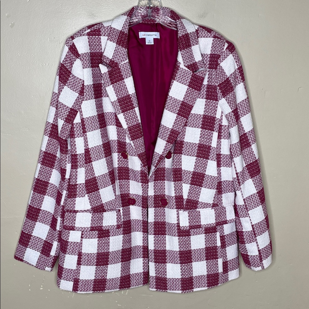 LIZ CLAIBORNE Magenta & White Single Breasted “ROSE CHECK” Tweed Blazer NWT 16